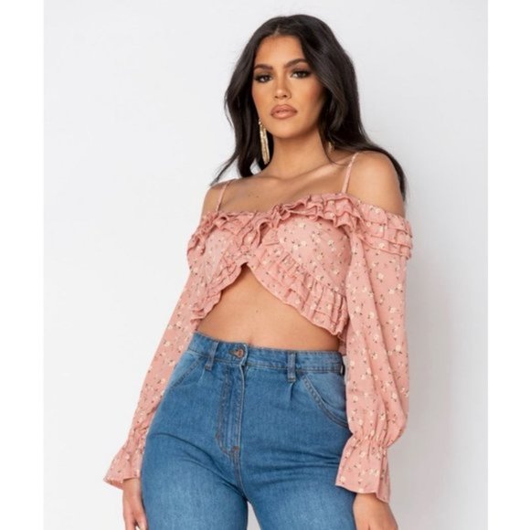 Pink Floral Print Long Sleeve Cold Shoulder Ruffle Crop Top - Picture 9 of 16